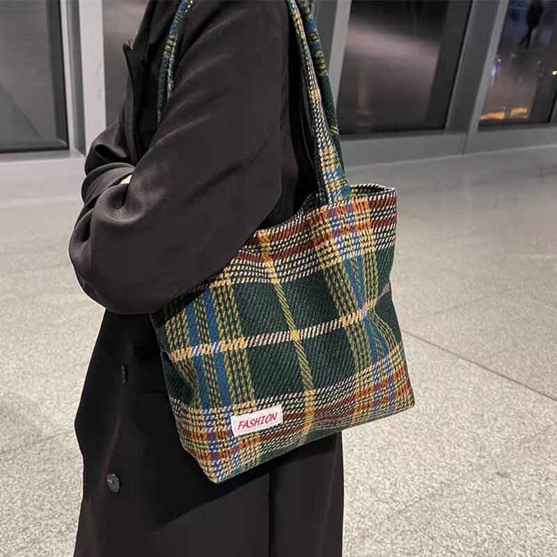New Retro Woolen Plaid Bag Women Large-capacity Shoulder Bag Lazy Style Mixed Color Simple and Versatile Hand Tote Bag