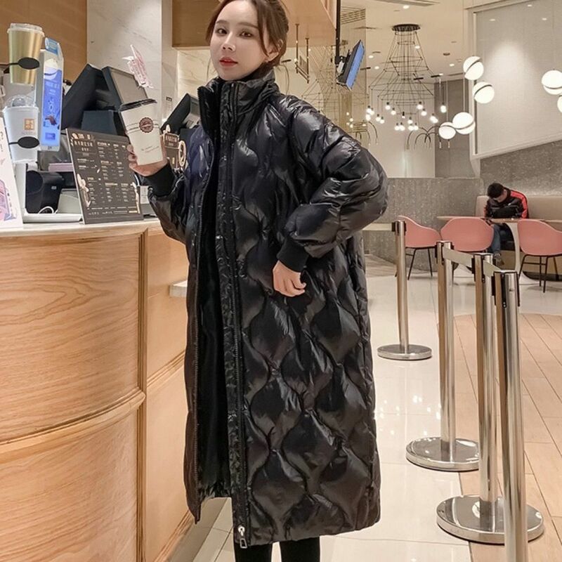 韓国-女性の冬のコート,古典的なジッパー,十分な長さ,綿,無地,暖かいコート,2022