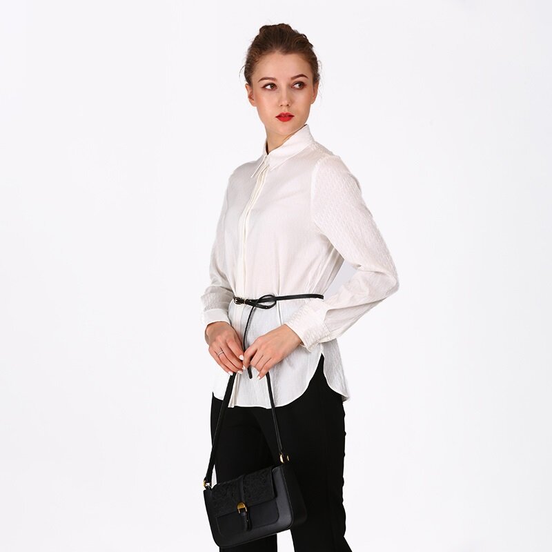 사무실 숙녀 뽕나무 실크 블라우스 패션 여성 우아한 슬림 화이트 탑 벨트, 가을 기질 심플 캐주얼 셔츠