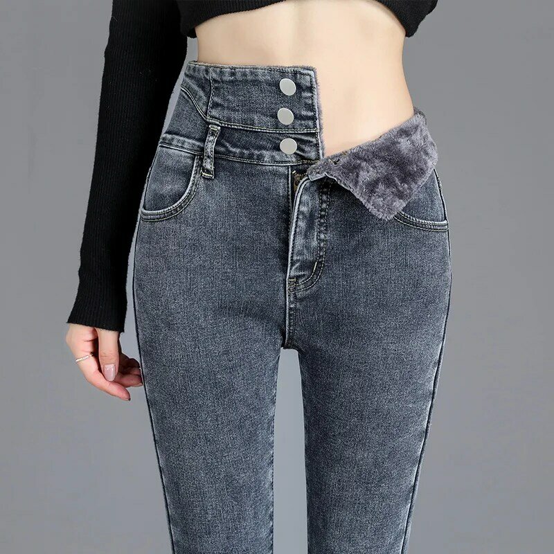 Winter verdicken Jeans Frauen hochwertige Fleece hohe Taille warme Röhrenjeans Stretch knopf Bleistift hose Mutter lässige Samt jeans