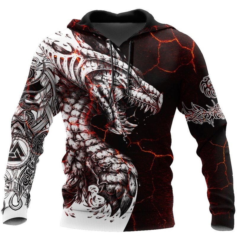 2022 Zwart-wit Tattoo Dragon 3D Afdrukken Mannen Hoodie Sweatshirt Unisex Streetwear Rits Trui Toevallige Jas Sportkleding