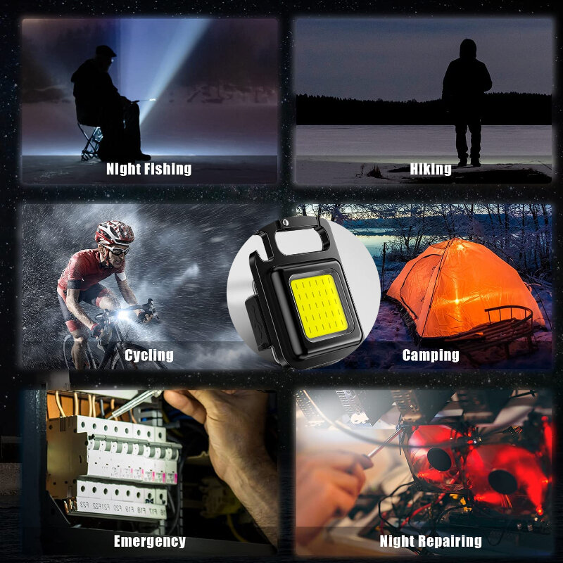 Mini Recarregável Brilho COB Chaveiro Lanterna, Carregamento USB, Lâmpadas de Emergência, Luz de Trabalho LED, Portátil, Ao Ar Livre, Camping