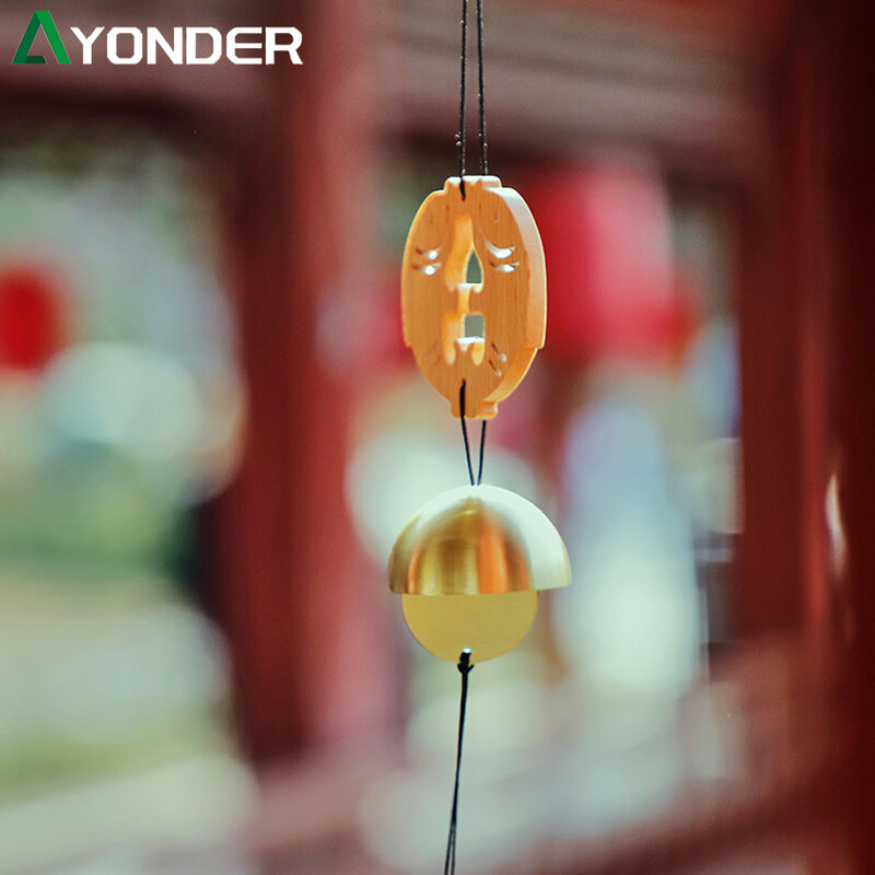 1PCS Solid Wood Double Fish Wind Chimes Japanese Car Pendant Copper Bells Outdoor Yard Garden Healing Ornaments Balcony Gift