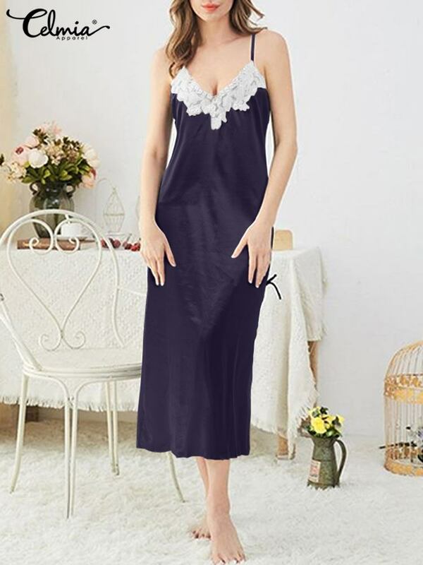 Celmia Sexy Stitching Lace Nightgowns Solid Elegant Satin 2022 Summer Long Nightdress Women Spaghetti Straps V-neck Sleepwear