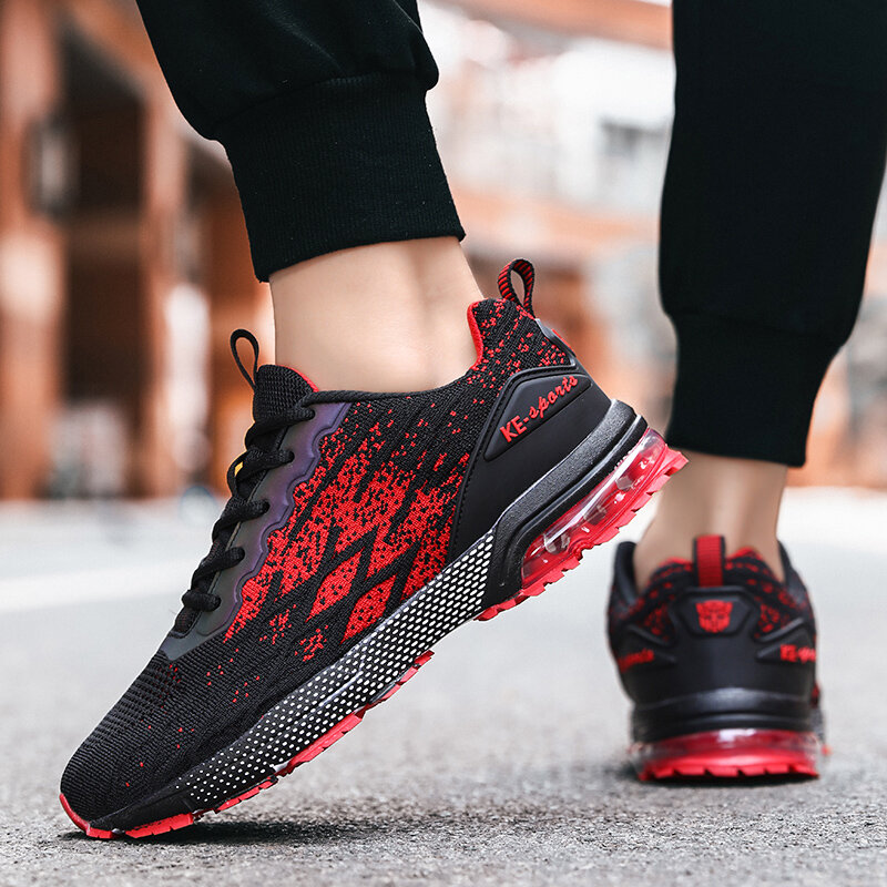 Running Shoes Men's Sneakers Fitness Shoes Breathable Air Cushion Outdoor Platform Flying Woven Lace-Up Brand Sports Shoes 9079