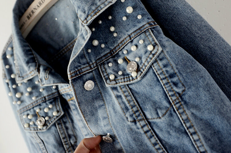 Jaket Jeans Wanita Pakaian Kpop Wanita Bermanik-manik Mantel Denim Kasual Elegan Streetwear Bling High Street Dicuci Vintage