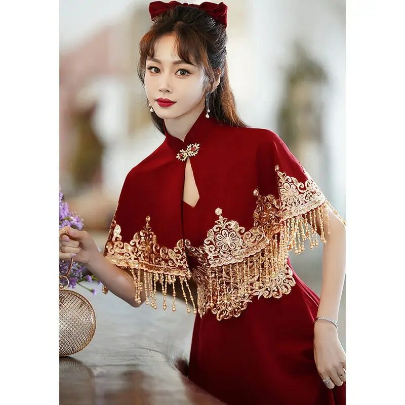Chinese Bridal /Toast/Engagment Wedding Skirt With Shawl-2022 New Back Door Appreciation Banquet Improved Cheongsam Dress For Wo