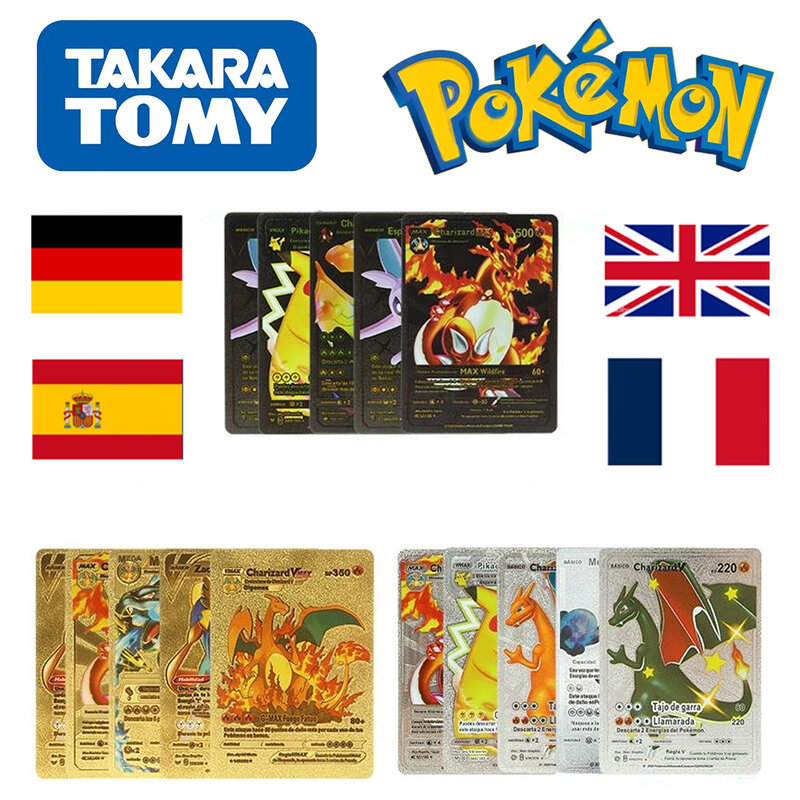 Tarjetas de Pokémon de 15-81 unidades, color dorado, plateado, negro, inglés, español, francés, alemán, Vmax, Pikachu, Charizard, combinación de tarjetas de colección de regalo