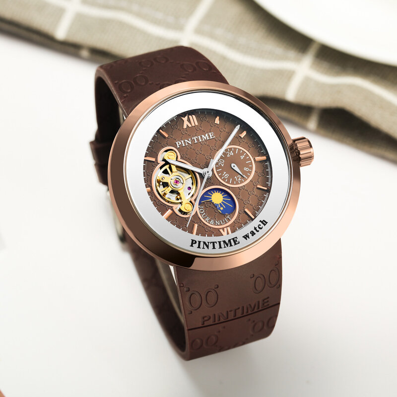 PINTIME automatyczny zegarek mechaniczny z trzema oczami modny zegarek męski