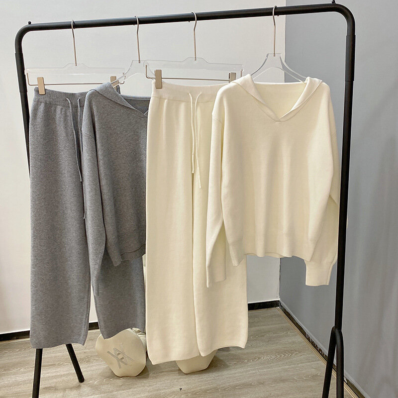 Alta Qualidade Spot Knitting Suit Mulheres Marinha V-neck Camisola De Lã Calças Retas No Outono e Inverno Moda Terno de duas peças