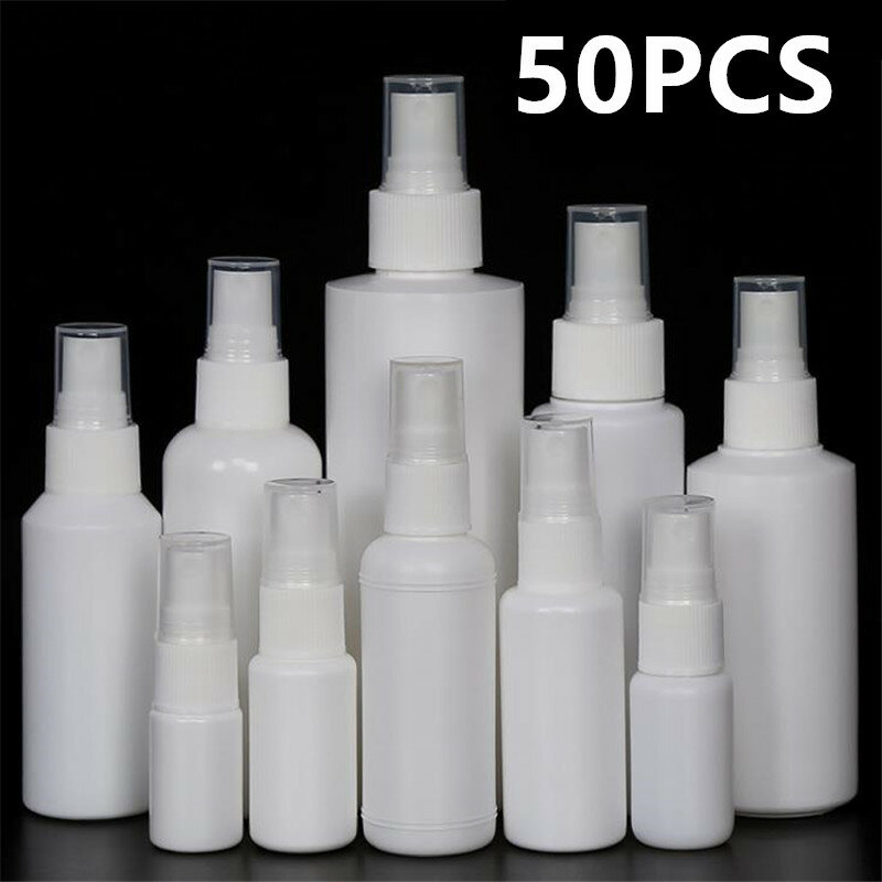 Garrafas recarregáveis de plástico PE branco, Atomizador de Perfume Névoa Fina, Mini garrafa de spray vazio, Garrafa de álcool, 2 #, 10 ml, 20 ml, 30 ml, 60 ml, 100ml, 50Pcs