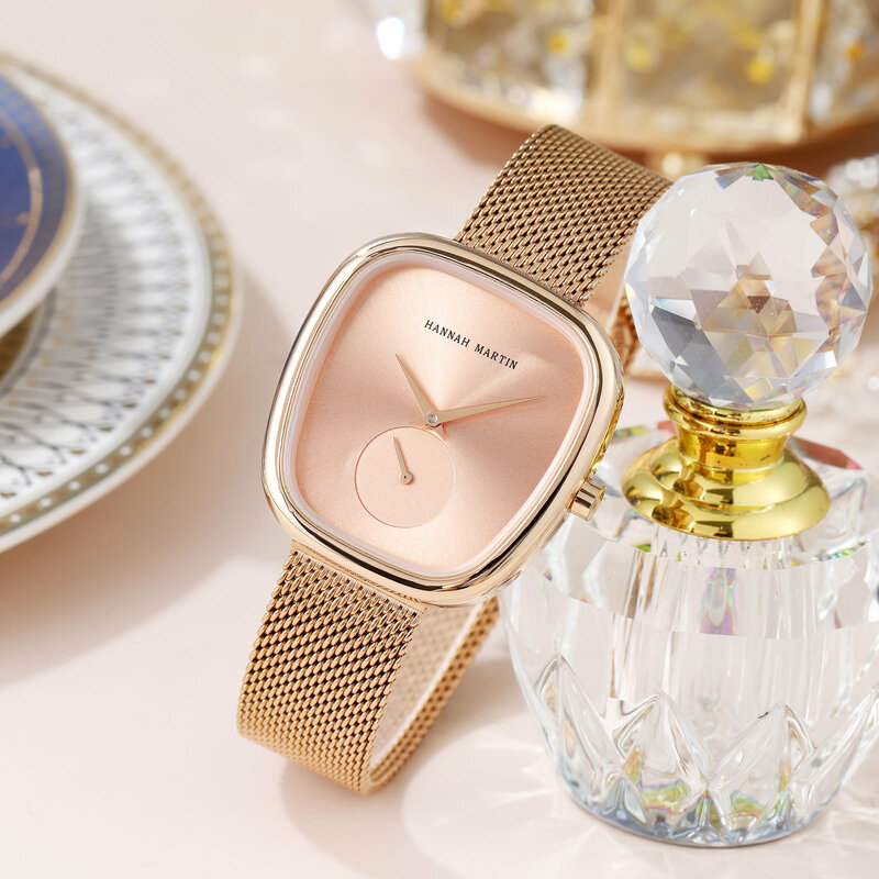 Hannah martin elegante mulher relógio de quartzo senhoras tonneau pulseira relógios à prova dwaterproof água aço inoxidável relógios de pulso para mulher