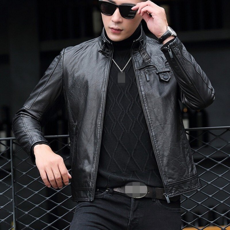 Giacca da uomo in pelle di lusso, moda, con cerniera fine, giacca nera, tuta da moto, taglie forti