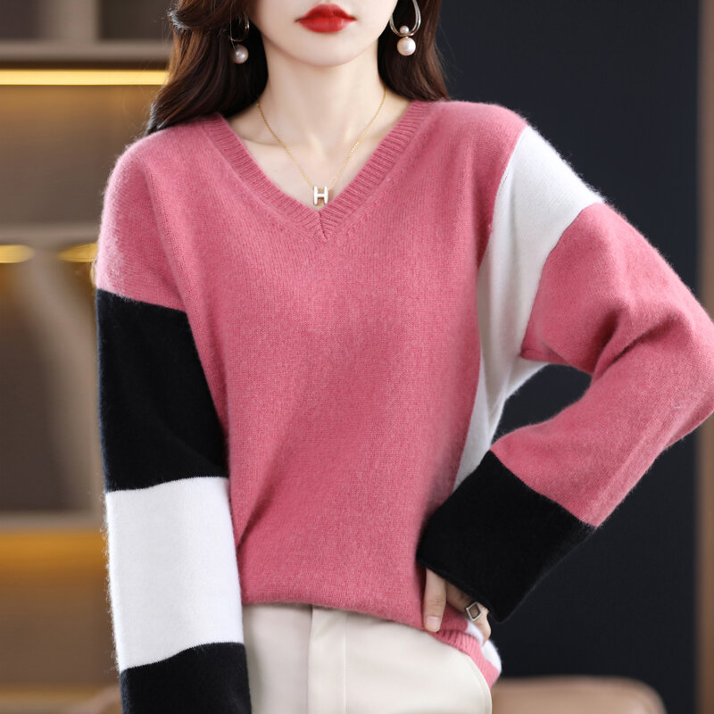Sweter Kasmir V-neck Musim Gugur dan Dingin Baru Sweter Wol Ramping Pulover Longgar Cocok Warna Kaus Dalaman Lengan Kontras