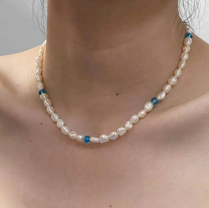 Freshwater Pearl Necklace Blue Bead Color Clavicle Chain elegant Fashion summer simple neck chain