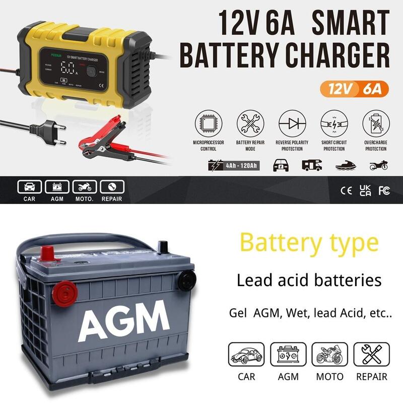 Foxsur 12V 6A Smart Battery Charger Voor Auto Moto Agm Gel Nat Lood-zuur Volautomatische Pulse Reparatie Lader accessoires Nieuwe