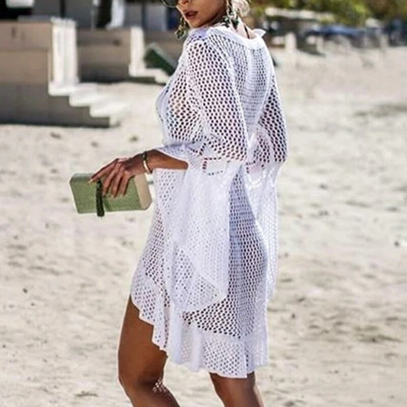 Robe de Plage Longue en Tricot Détail en Crochet, Tunique Paréo Transparente Cover-Up pour Maillot de Bain, Vêtement Sexy
