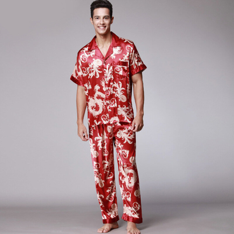 Пижамный комплект мужской из 2 предметов, одежда для сна, летняя Ночная одежда, халат, короткая Пижама, шелковая пижама, шорты, топ и штаны, Пи...