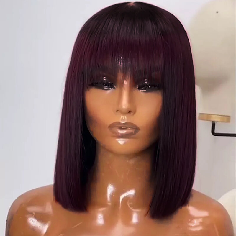 99J Wine Red Color Bob Wig with Bangs Ombre Burgundy Red Bob Wig Human Hair No Lace Glueless Short Straight Bob Wig for Women