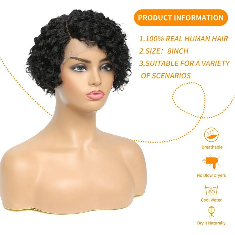 Perucas de cabelo encaracolado encaracolado encaracolado curto perucas de cabelo humano peruca de corte pixie nenhum laço frontal natural perucas de cabelo brasileiro para mulher
