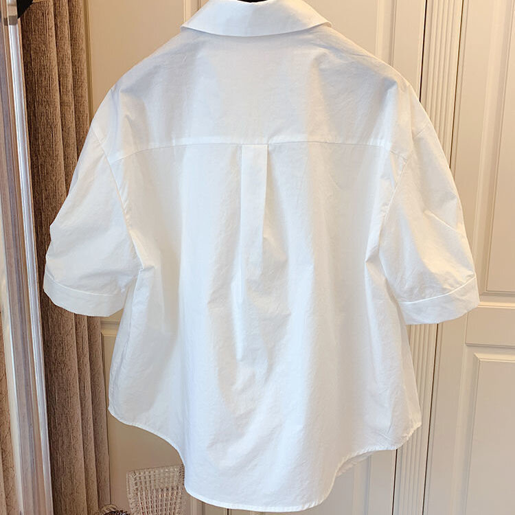 Blau Hemd Lose Beiläufige Französisch Retro Puppe Neck Falten Doppel Tasche Nähte Kurzarm Korean Mode Tops Weiße Bluse
