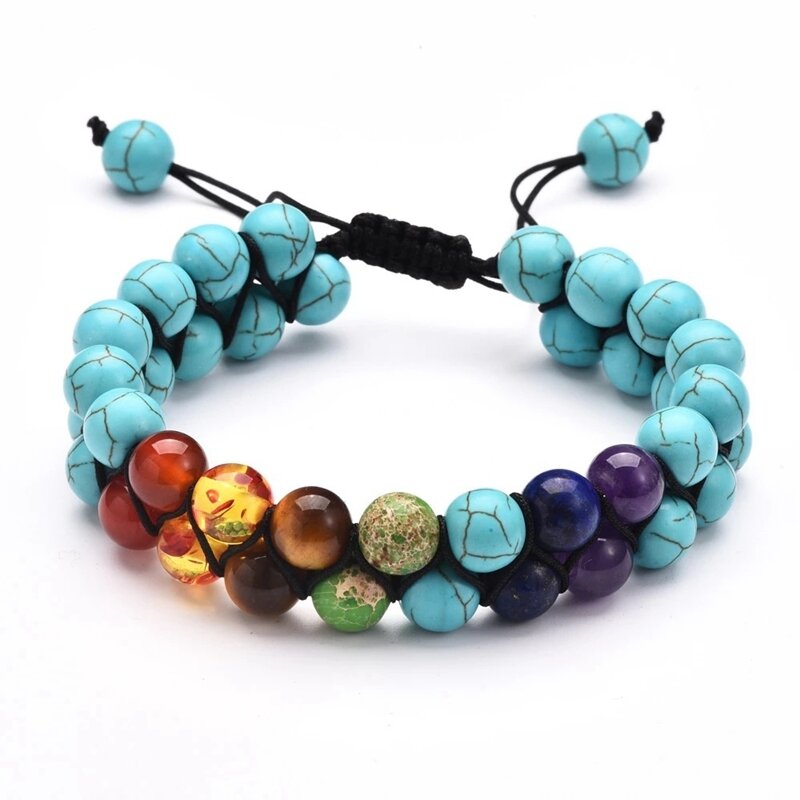 Pulseira de pedra natural do chakra, bracelete trançado com dupla camada de lava para homens e mulheres, energia ajustável colorida com contas