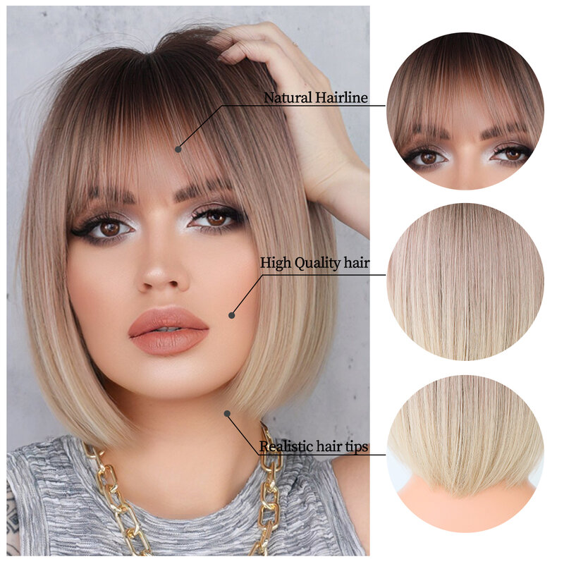 Brown Ombre Pink Blonde Short Bob Women Wig with Bangs Heat Resistant Synthetic Fiber Cosplay Party Daily Wigs