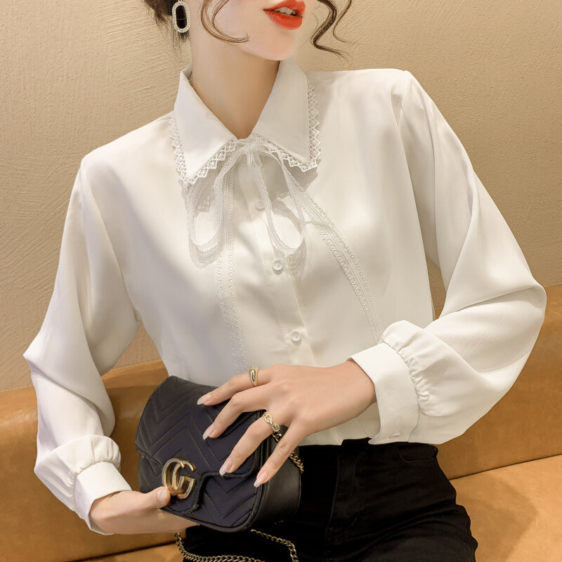 여성 블라우스, 2022 봄 신상품, 한국 버전, 패션 보우, 흰색 긴 소매, 여성 의류, 쉬폰 셔츠, 여성 상의, 627A
