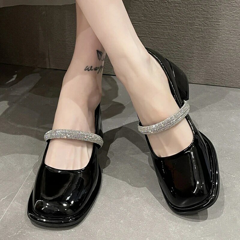 Crystal Straps High Heels Mary Janes Shoes Women 2022 Autumn Patent Leather Thick Heeled Pumps Woman Slip on Loafers Shoes Mujer