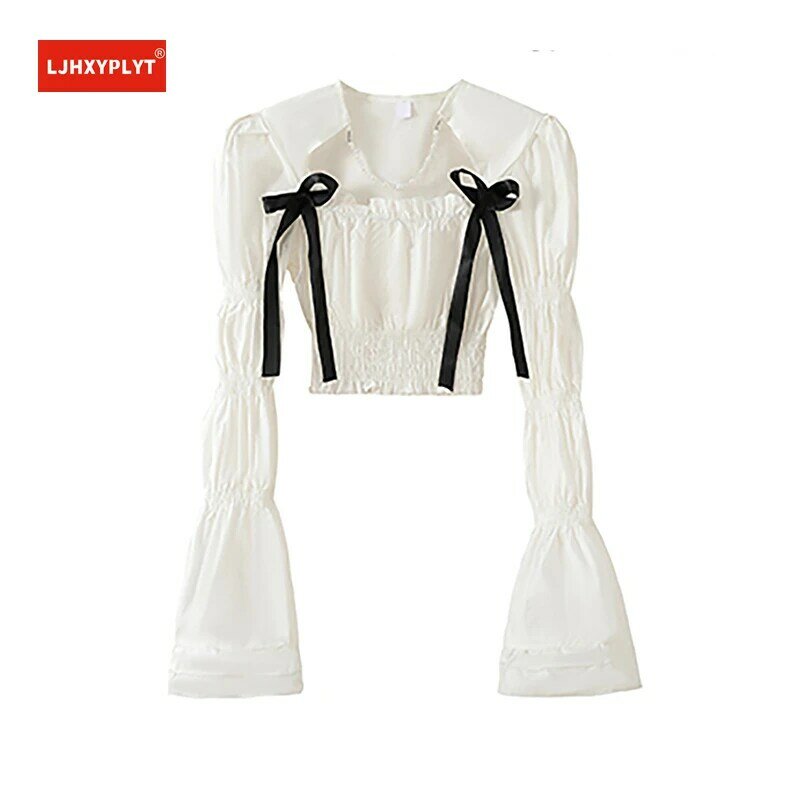 Short Corset Waist White Shirts Women's Spring Summer New Design Square Collar Bubble Sleeve Bow Blouse Female Tops Court Style