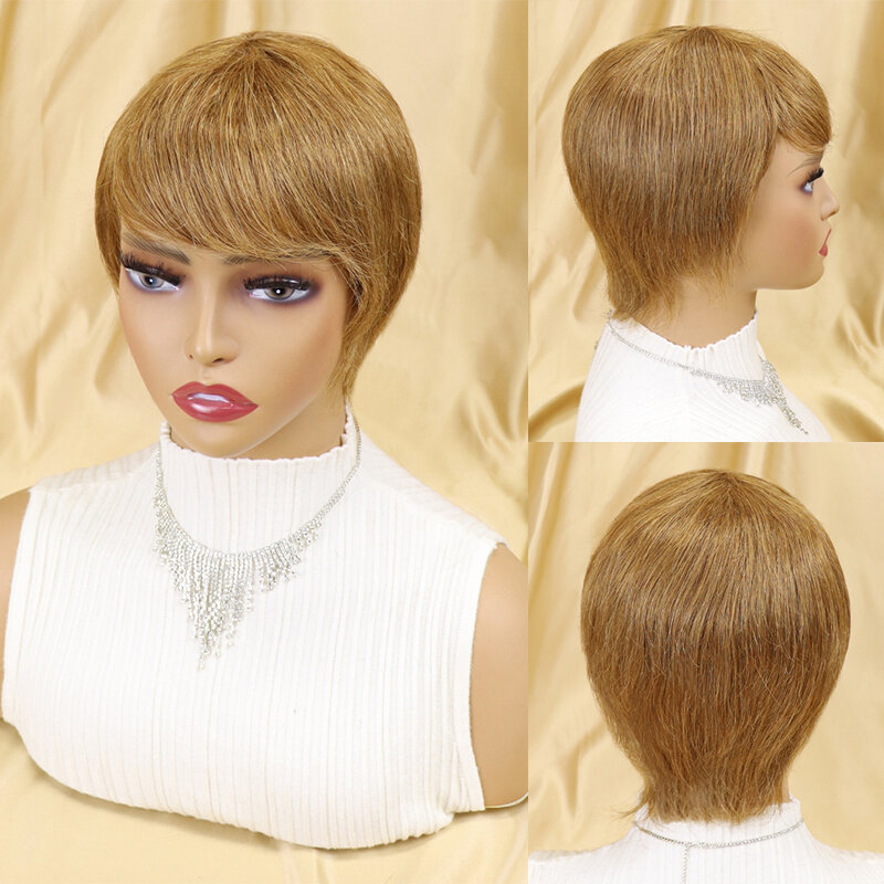 Cor de cabelo curto pixie corte peruca para preto feminino em linha reta borgonha cabelo humano com franja glueless natural marrom cabelo brasileiro barato