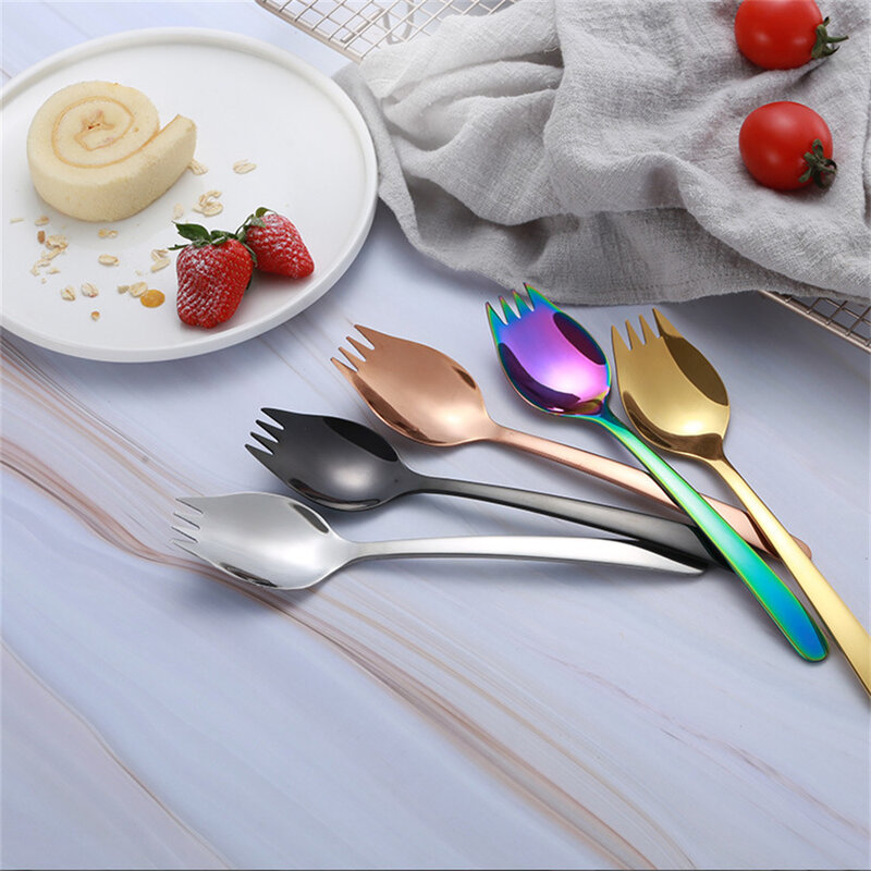 2 In 1 Stainless Steel Spork Salad Noodles Fork Spoon Camping Picnic Tableware Ice Cream Scoop Coffee Accessories Kitchen Ladles