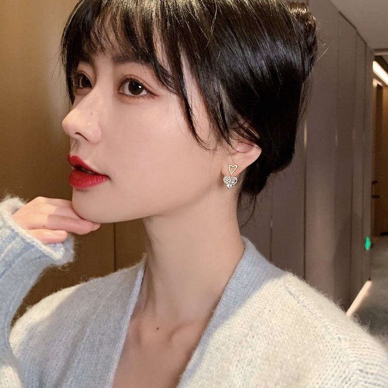 한국 패션 AAA 지르코니아 하트 스터드 귀걸이, 여성을 위한 골드 컬러 할로우 하트 크리스탈 웨딩 귀걸이 파티 주얼리 선물