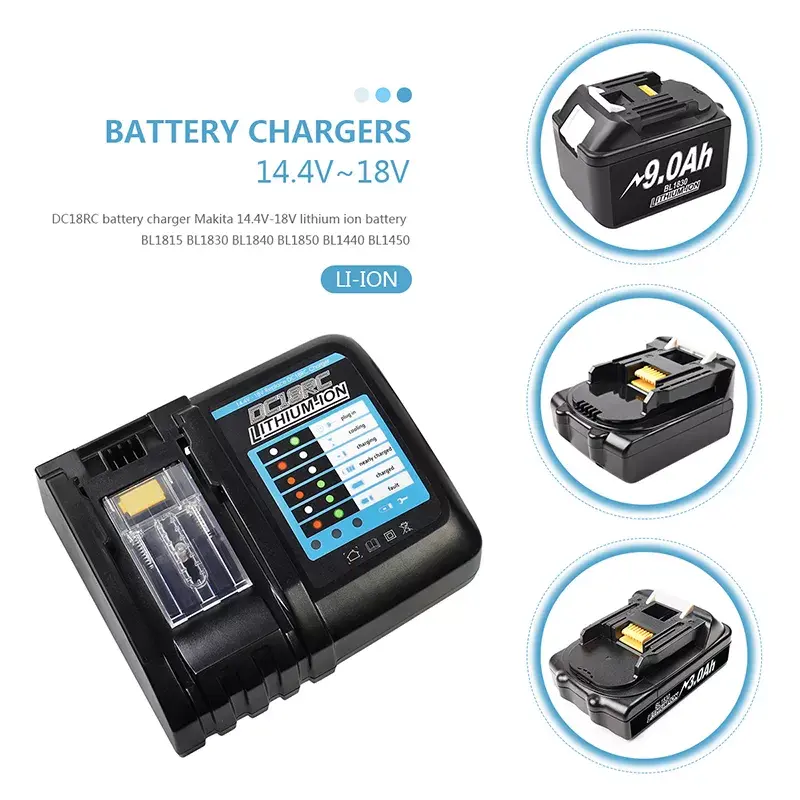 DC18RC 18V Chargeur De Batterie pour Makita 14.4V-18V Lithium Batterie BL1830 BL1840 BL1850 BL1860 BL1815 BL1430 BL1450 BL1440 Chargeur