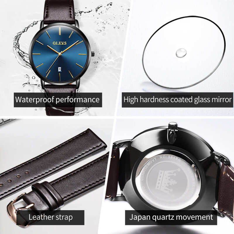 OLEVS Corium pasek świetna jakość mężczyźni zegarek moda wodoodporne zegarki kwarcowe dla mężczyzn kalendarz