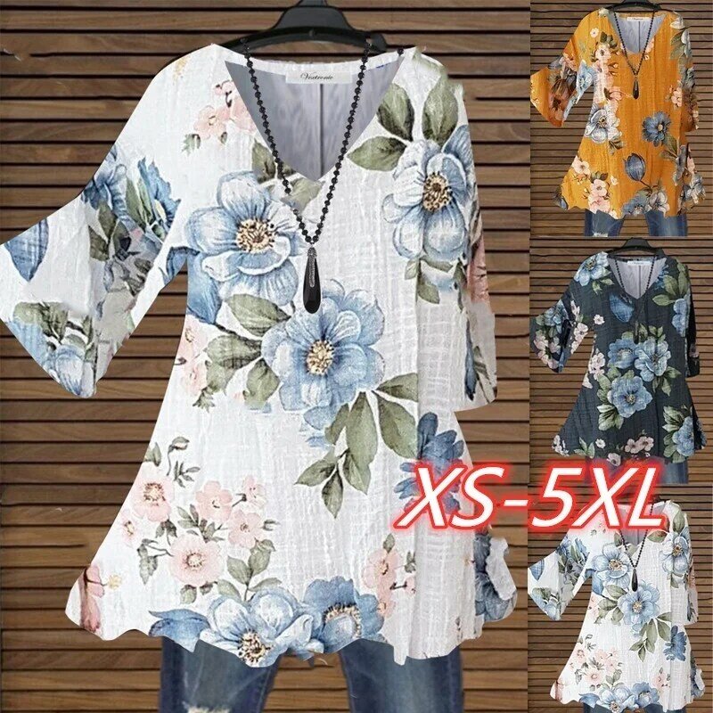 เสื้อผ้า S-5XL สำหรับผู้หญิงใส่ฤดูร้อนเสื้อยืดพิมพ์ลายดอกไม้ทรงหลวมเสื้อ y2K คอวีแฟชั่นใหม่2023