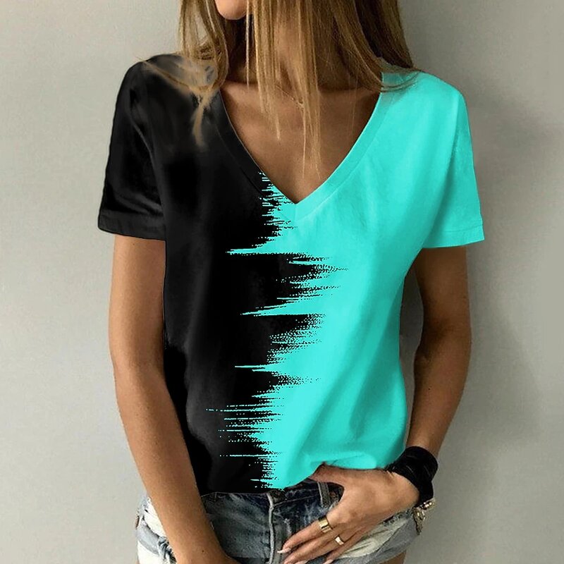 2022 New Summer Women's 3D Print Painting T Shirt Casual Loose Colorblock Print V Neck Basic Top Shirt Pullover