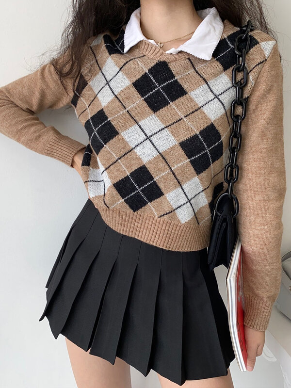 새로운 가을/겨울 니트 스웨터 풀오버, 여성 터틀넥 긴 소매 카키 아가일 스트리트 탑 느슨한 스웨터 캐주얼 패션