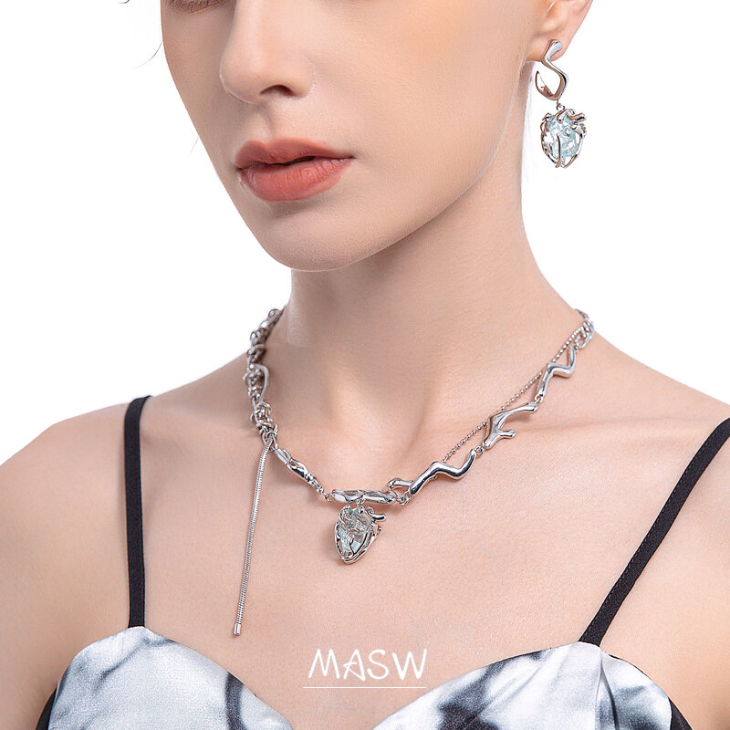 MASW Original Design Heart Pendant Necklace Cool Jewelry High Quality Brass Thick Silver Plated Knots Chain Necklace For Women