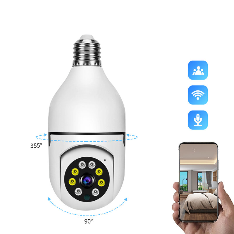 Cámara web con Control remoto HD de 2M, lámpara de bombilla WiFi con visión nocturna panorámica de 360 °, detección humanoide AI, Monitor de seguimiento inteligente