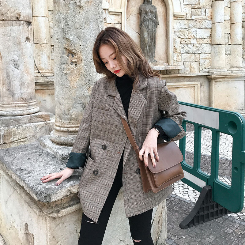 루즈핏 더블 브레스트 블레이저 긴 소매 복고풍 정장 코트 재킷 여성용, 사무실 숙녀용, 2022 가을