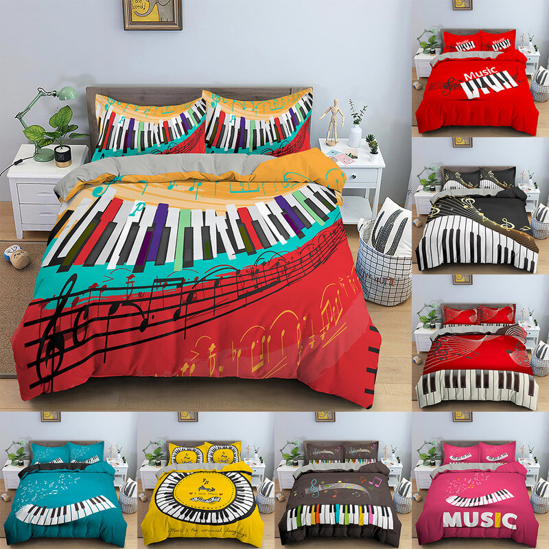 Piano 3d chave impresso conjunto de cama tema musical capa edredão com fecho zíper rainha tamanho king colcha capa e fronha