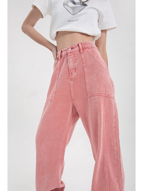 Hohe Taille Jeans Rosa Jeans Frauen Koreanische Mode Y2K Baggy Oversize Breite Bein Denim Hosen Streetwear Lose Gerade Bein Hose
