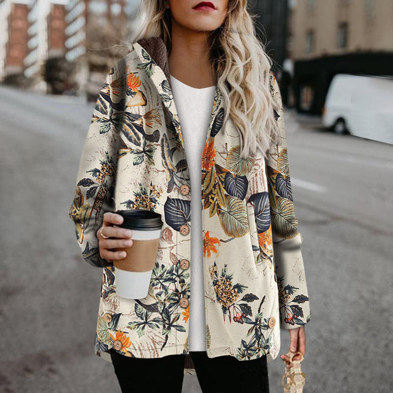 Женская длинная куртка с капюшоном, винтажная теплая Толстая куртка с цветочным принтом и карманами, свободная верхняя одежда, зима 2022