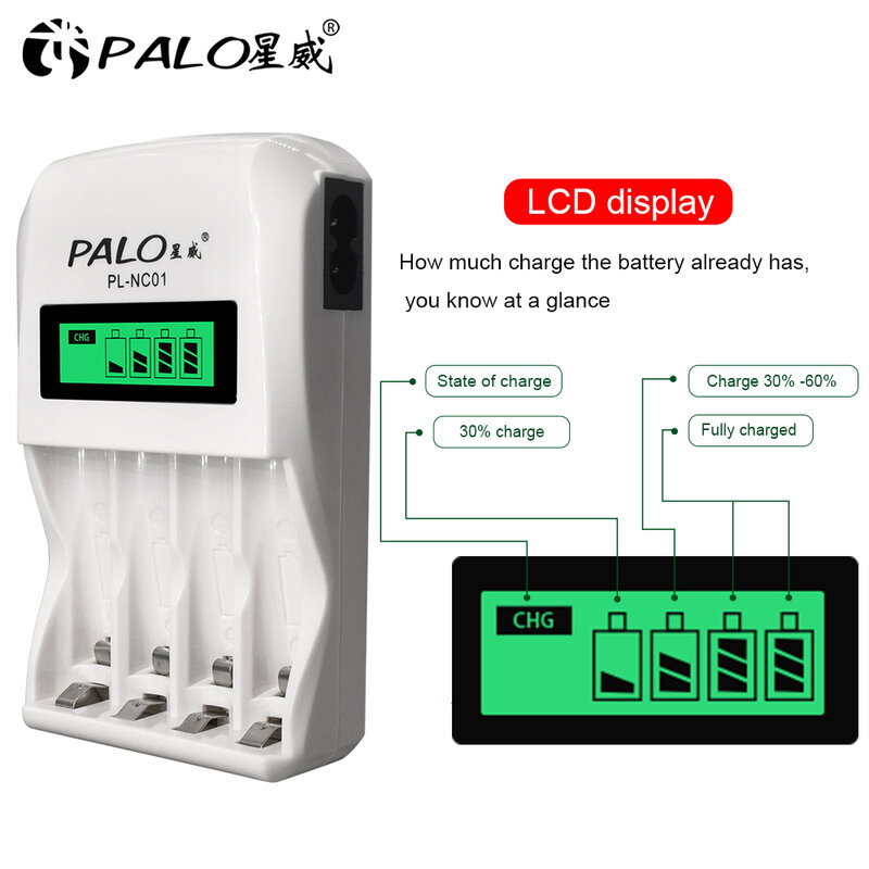 PALO-cargador de batería recargable inteligente, dispositivo con 4 ranuras, LCD, AA, AAA, 1,2 V, Ni-MH, NiMH, Ni Mh, AA, AAA