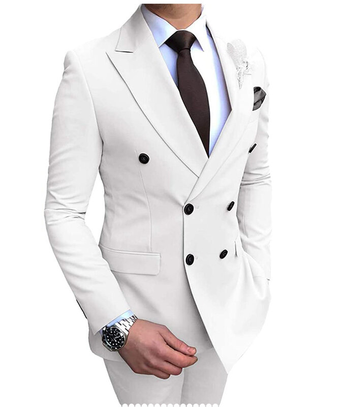2023 New Beige Men's Suit 2 Pieces Double-Breasted Notch Lapel Flat Slim Fit Casual Tuxedos For Wedding(Blazer+Pants)