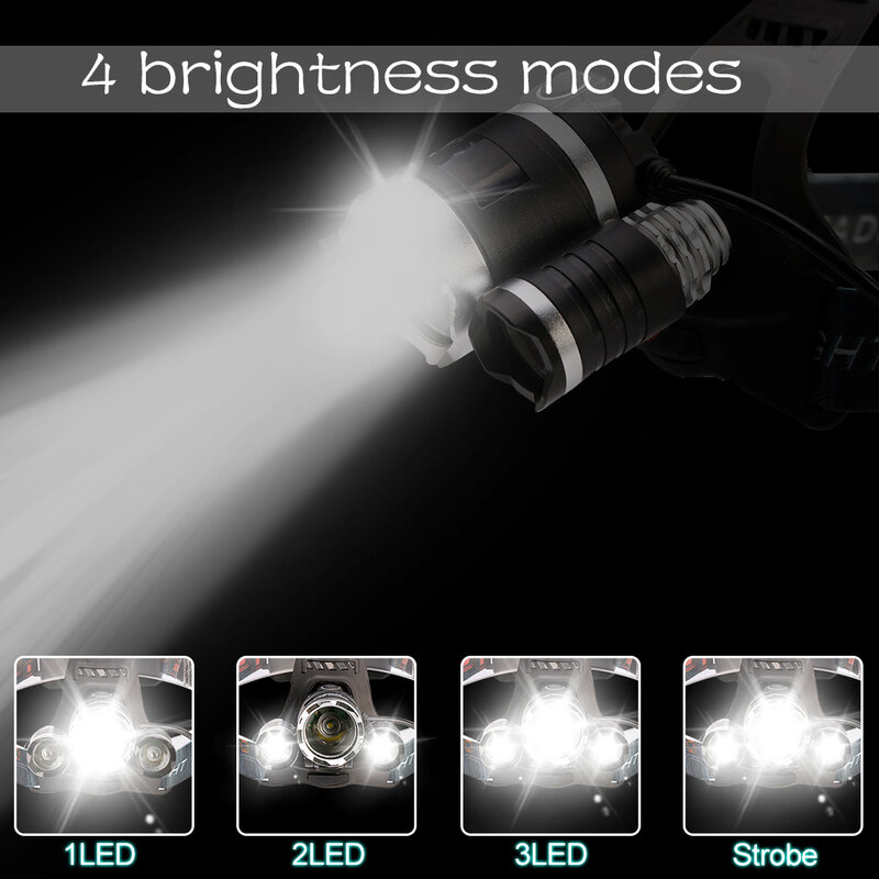 Xm-T6 3 ledヘッドランプの光ランタンヘッドランプ懐中電灯ズーム可能な充電式ヘッドライトと18650バッテリーのために