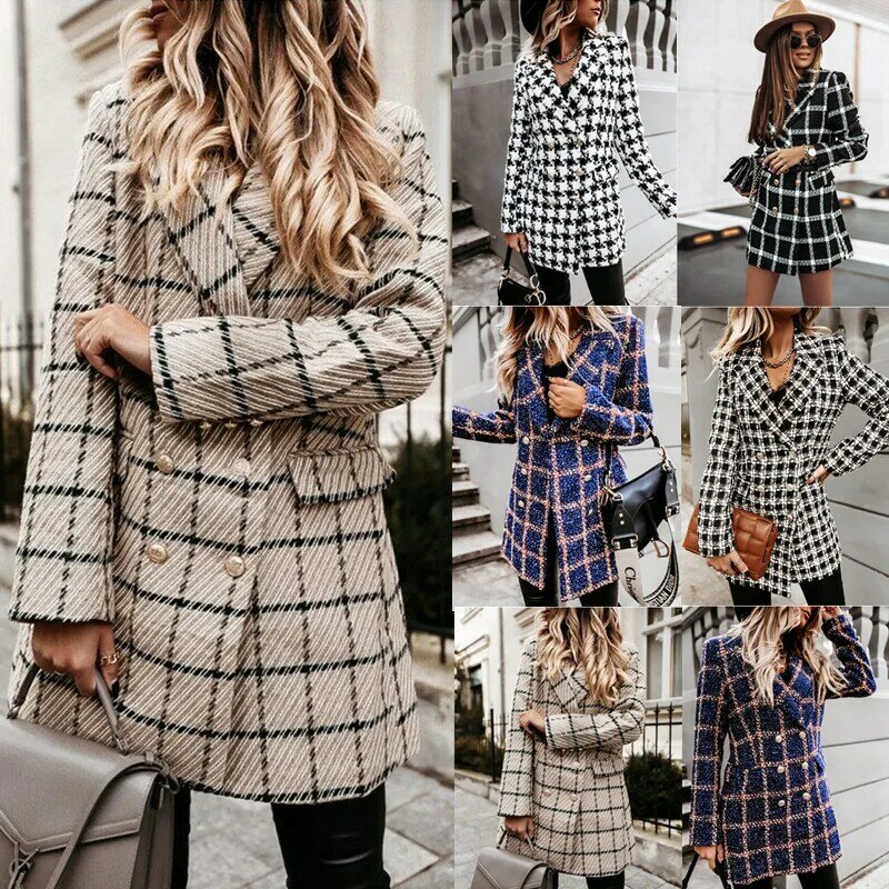 2022 Autumn And Winter Popular Long-sleeved Suit Collar Loose Temperament Double-breasted Woolen Coat Coat Women's Polyester