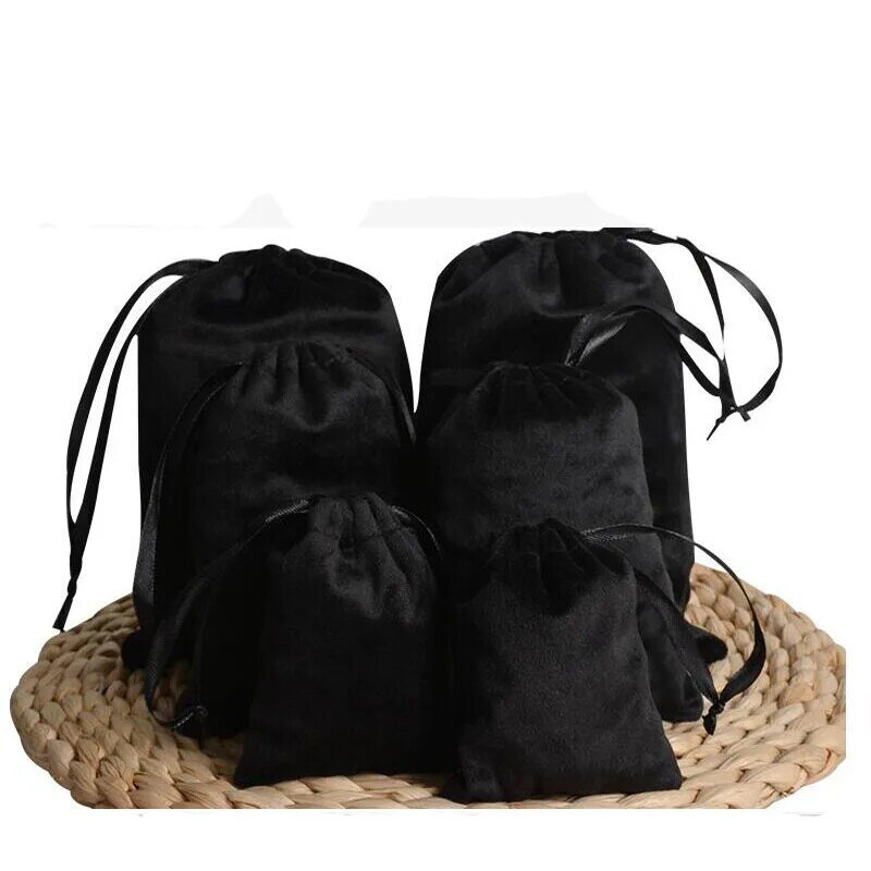 Bolsas de terciopelo negro de 30 unids/lote, 8x10, 10x15, 13x18cm, bolsas con cordón, protección contra el polvo, joyería, auriculares, bolsa de embalaje de regalo, logotipo personalizado