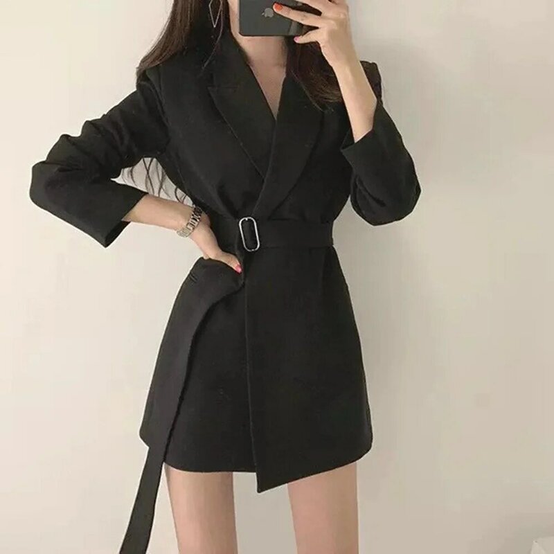 Blazer feminino com cinto com gola e lapela, jaquetas monocromáticas, casacos casuais, roupas de escritório, preto e branco, casaco novo